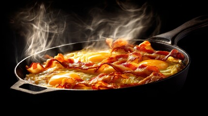 A sizzling skillet with bacon strips and eggs cooking together, with bright colors and steam rising, evoking a warm breakfast atmosphere.