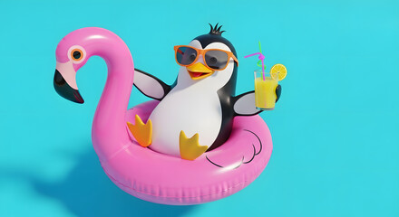 Naklejka premium Cute Penguin Inflatable Pool Float with Sunglasses and Lemonade on Bright Blue Background