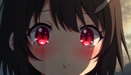 Anime girl with red eyes expressing emotion against a scenic backdrop
