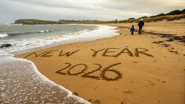 A family walks along a beach where new year 2026 is written in the sand
