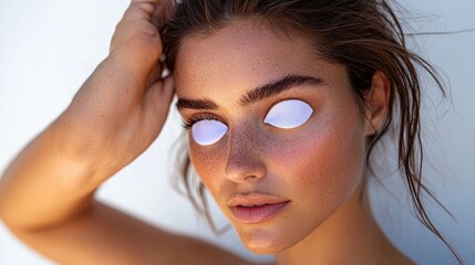 Close-up portrait of a woman with light-colored eye coverings.