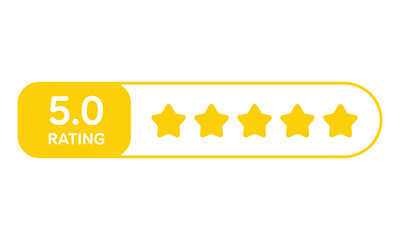 Gold Five Stars Rating Icon, 5.0 Text, Rounded Shape, White Background