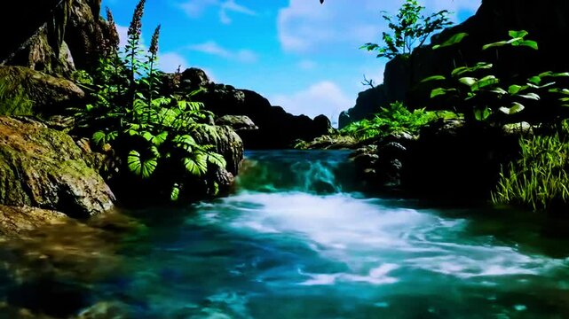 Aliran sungai kecil di cave exit, vegetasi stalaktit di tepi, air keluar lembut, Realistis, 3D look (cinematic), Statis (kamera diam), Smooth (gerakan tidak tersendat), 4K resolusi, Loopable seamless