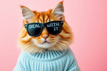 Cool cat with deal with it sunglasses and sweater looking fly in front of a simple pink backdrop.