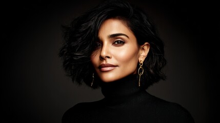 Naklejka premium A sophisticated portrait of a woman with an enigmatic smile, elegantly dressed and set against a minimalist backdrop, highlighting her natural beauty and allure.
