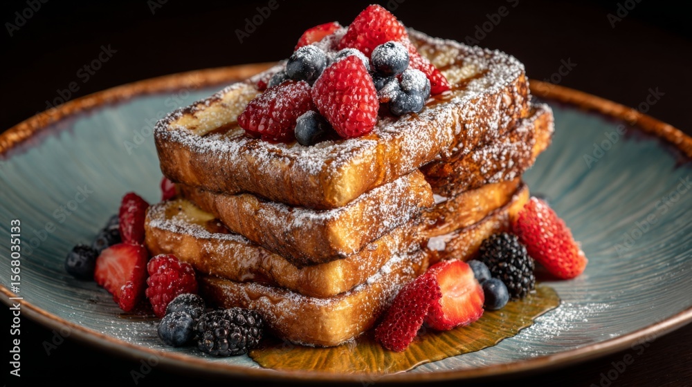 Poster A stack of French toast slices dusted with powdered sugar and topped with fresh berries and a drizzle of maple syrup, served on a rustic ceramic plate.