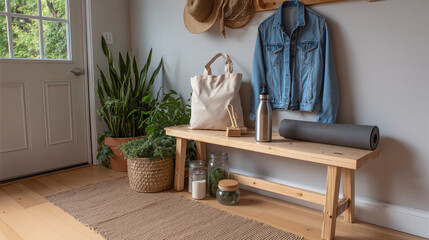 Bright summer cottage entryway with bench, plants, tote bag and yoga mat.
