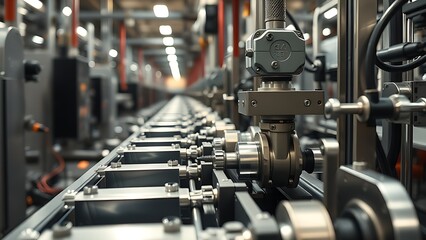Close-up of industrial machinery in motion, showcasing metallic reflections under soft overhead lighting.