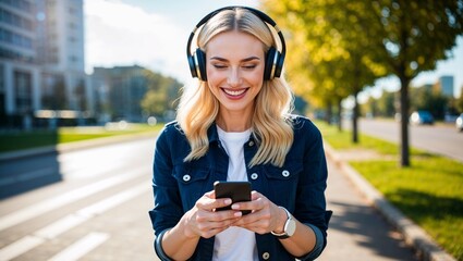 A happy woman listens to music on a sunny day.
