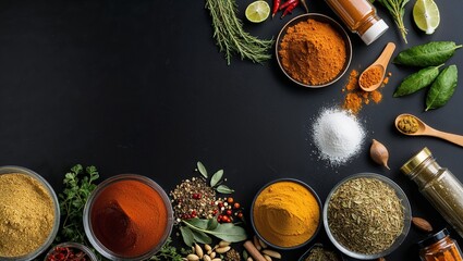 An artistic array of spices and herbs arranged beautifully.