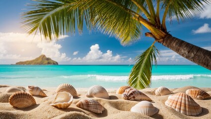 Serene landscape shows shells on sandy beach at sunset.