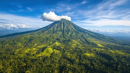 Fototapeta premium Serene landscape showcasing a lush mountain veiled by a gentle cloud cover