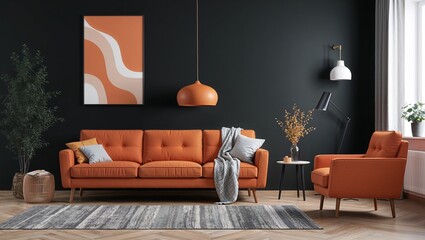 A vibrant modern living room with orange couches showcased.