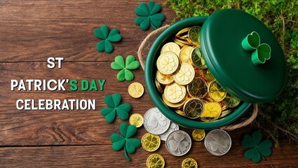 A pot filled with gold coins for St. Patrick's Day.