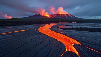A striking image of a volcano erupting with lava flow.