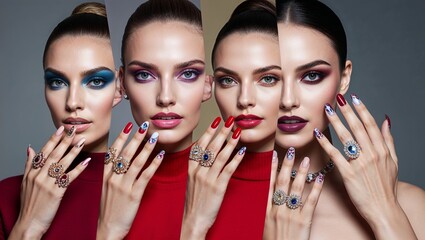 A collection of vibrant makeup looks and nail designs.