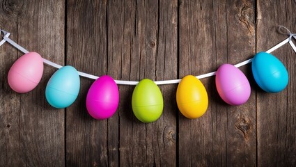 A collection of vibrant Easter eggs on wooden background.
