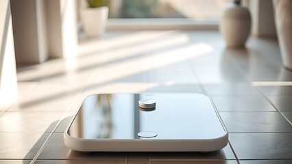 Modern bathroom scale on tiled floor with soft morning light, representing wellness and daily routine.