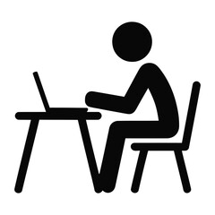 Black Stick Figure Person Working on Laptop at Desk Simple Icon computer
