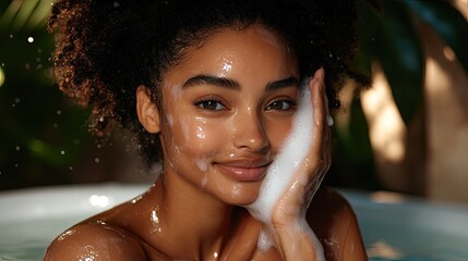 Woman with soapy face in a tub.