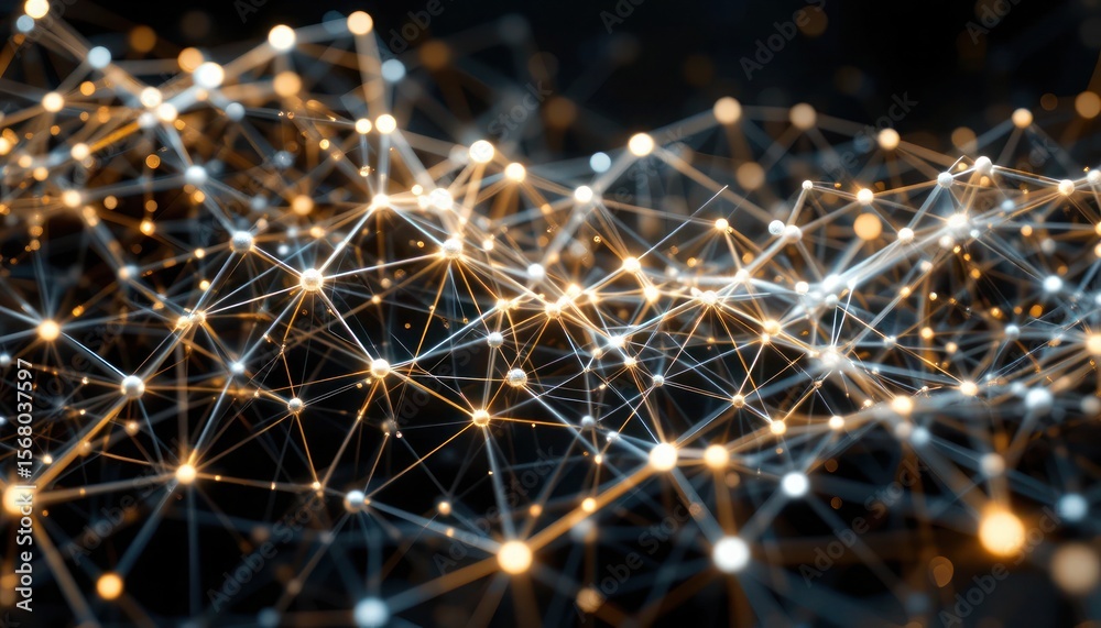 Poster illuminated network: abstract 3d render of interconnected nodes and glowing lines