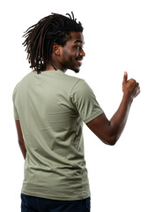 Happy young African American man with dreadlocks looking over his shoulder and giving a thumbs up. Isolated on a transparent background.