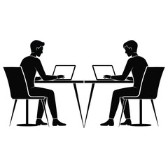 Two Men Sitting Chairs Facing Each Other Using Laptops Black Silhouette Illustration