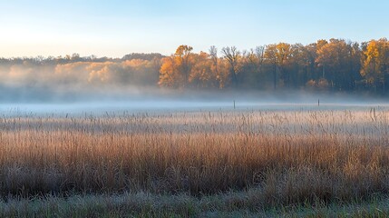 Autumnal Fog Over Marsh Grass And Trees