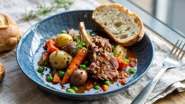 Navarin lamb stew with tender meat, potatoes, carrots and peas served in blue ceramic bowl with crusty bread on wooden surface