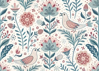 Charming folk art style floral pattern with birds and botanical elements