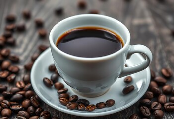 Fototapeta premium White cup, black coffee, coffee beans on saucer, caffeine fix, breakfast