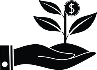 Hand holding money plant symbol business investment financial growth concept silhouette black vector illustration