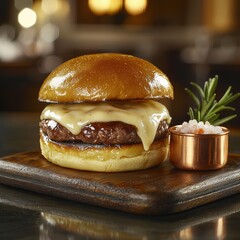 Artisanal wagyu slider with cheese dripping on rustic wood board, copper container with pink salt crystals and rosemary garnish in fine dining setting