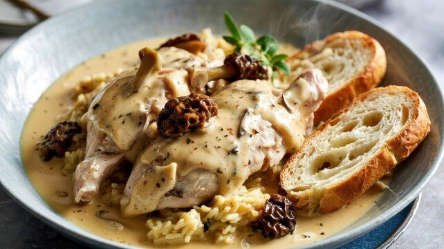 Chicken with morels in rich cream sauce served with toasted bread slices and rice in elegant shallow bowl