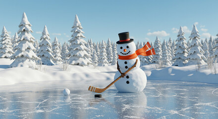 A cheerful snowman with a top hat and orange scarf enjoys a game of ice hockey in a serene winter wonderland.