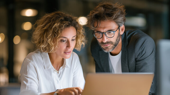 Teamwork and Dedication After Hours: Two professional colleagues focused on a laptop screen, collaborating on a deadline in a modern office.