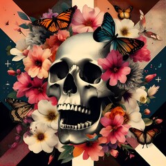 Floral Skull with Butterflies and Geometric Abstract Background