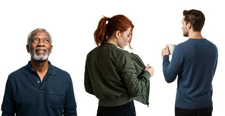 Collage of diverse individuals. Senior African American man looking up, young woman with red hair, and a man holding a coffee mug.