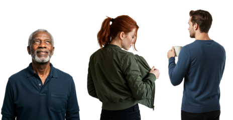 Collage of diverse individuals. Senior African American man looking up, young woman with red hair, and a man holding a coffee mug.