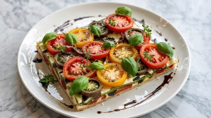 Tomato basil tart with colorful heirloom varieties and fresh herbs elegantly plated on white porcelain with balsamic reduction drizzle