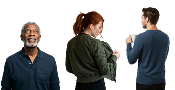 Collage of diverse individuals. Senior African American man looking up, young woman with red hair, and a man holding a coffee mug.