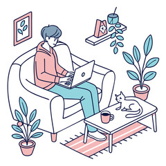 Person working on laptop in cozy living room with cat and plants