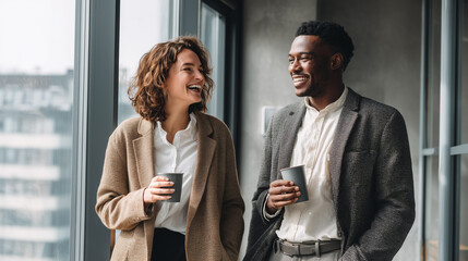 Friendly Colleagues Sharing a Laugh on a Coffee Break: A diverse man and woman laughing and talking together by an office window.