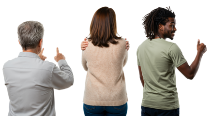 Collage of three diverse people from the back against a transparent background. Senior man pointing, woman hugging herself, and a smiling African American man giving a thumbs up.