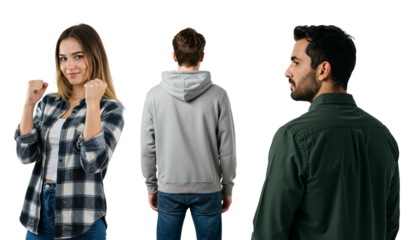 Collage of three young people on a transparent background. Confident woman with fists up, man from behind in a hoodie, and another man in profile.
