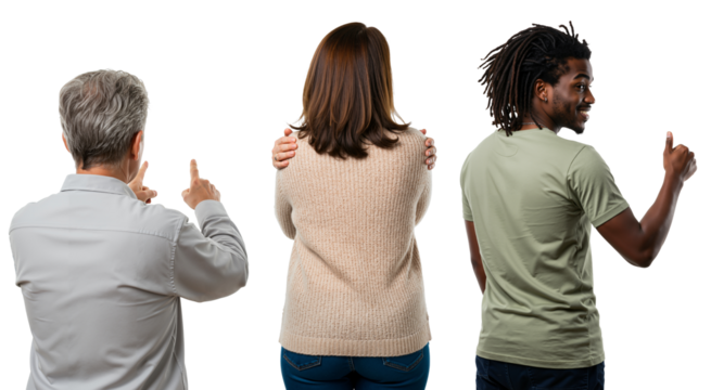 Collage of three diverse people from the back against a transparent background. Senior man pointing, woman hugging herself, and a smiling African American man giving a thumbs up.