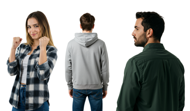 Collage of three young people on a transparent background. Confident woman with fists up, man from behind in a hoodie, and another man in profile.