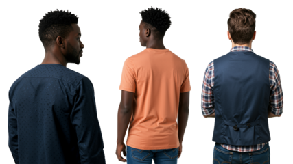 Rear view of three diverse young men standing together. A group of multiethnic friends shown from behind against a transparent background.
