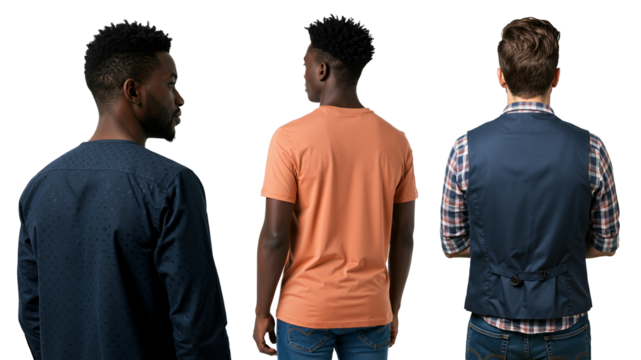 Rear view of three diverse young men standing together. A group of multiethnic friends shown from behind against a transparent background.