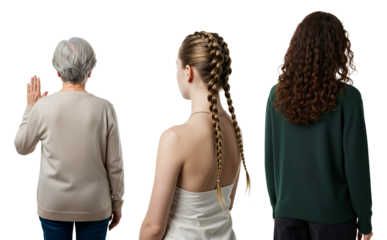 Rear view of three diverse women from different generations. Senior woman with gray hair, young woman with braids, and another with curly hair.